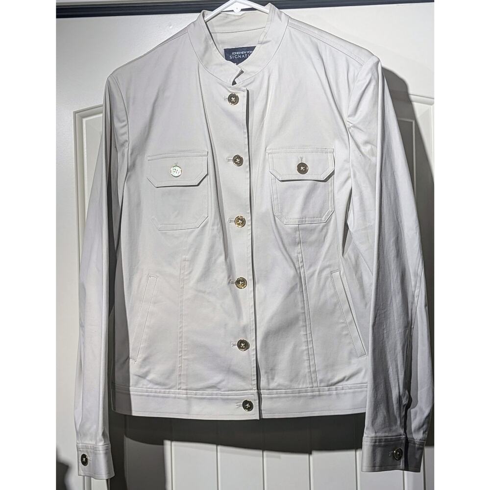 Jones New York Signature Beige Mandarin Collar Button Front Unlined Jacket Sz L